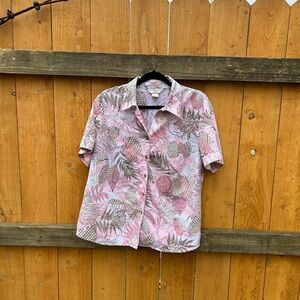 Allison Daley Pink Womens size 14 Petite Button Down‎ Blouse Shirt Floral Leaf